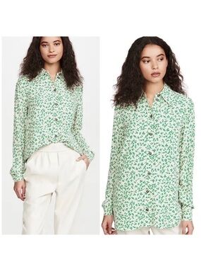 Ganni | Green White Printed Crepe Button Down Blouse Tapioca Spell Out Vine